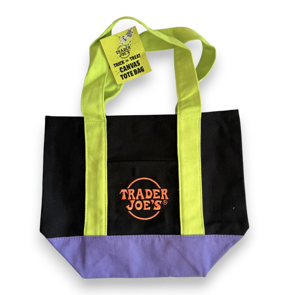 Trader Joe’s Mini Canvas Tote Bag – Black, Neon Green & Purple